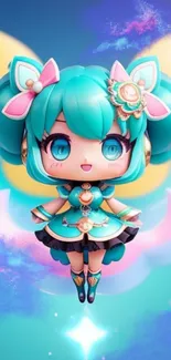 Cute teal anime character with vibrant colors and playful design.