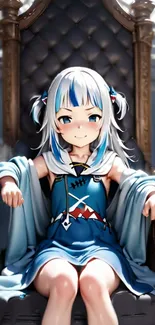 Anime girl with blue hair sitting on a throne, smiling confidently.