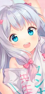 Charming anime girl with light blue hair and vivid eyes.