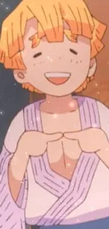 Cheerful anime character with orange hair and purple robe on mobile wallpaper.