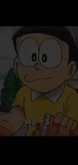 Anime character in a yellow shirt holding snacks.