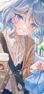 Anime character with coffee on phone wallpaper.