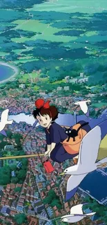 Anime character flying over a cityscape with green scenery.