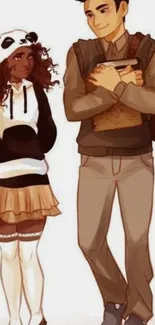 Anime couple in panda hoodie art on mobile wallpaper.