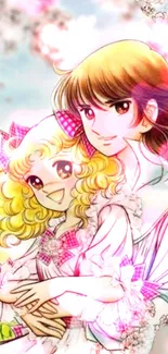 Anime couple with pink floral accents in soft pastel colors.