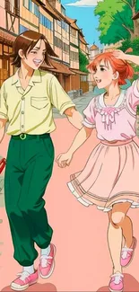 Anime couple walking through a flower-lined path in a village scene.