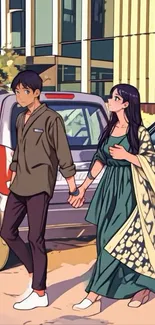 Anime couple holding hands, strolling casually.