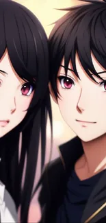 Anime couple with purple eyes, peach background.