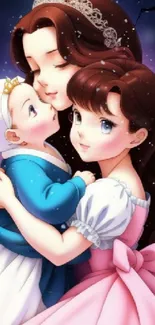 Anime mother hugging children under starry sky.