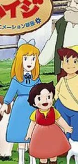 Vibrant anime family scene with colorful characters in a grassy setting.