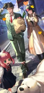 Anime family strolling along a sunlit street with their dog.