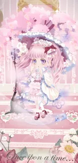 Charming anime character in pastel pink fantasy scene.