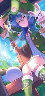 Anime girl in green outfit with blue background.