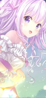 Anime girl with lavender hair in a fantasy setting.