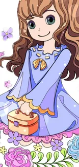 Charming anime girl in blue, holding a lunchbox with colorful floral background.