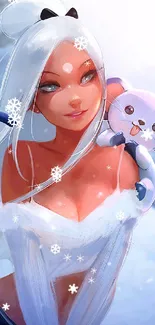 Anime girl with snowy background and cute companion.