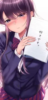 Anime girl in uniform holding a note.