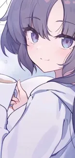 Anime girl with mug illustration for mobile wallpaper.