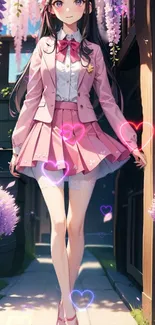 Charming anime girl in pink outfit with heart lights.