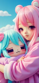 Anime girl with pink hair hugging a plush toy, set against a colorful backdrop.