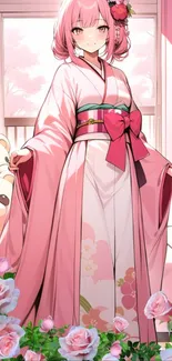 Anime girl in a pink kimono with teddy bears and roses.