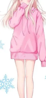 Anime girl in pink hoodie with snowflakes.