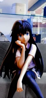 Anime girl sitting on a stylish couch in a modern setting.