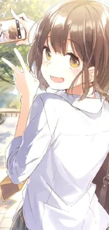 Anime girl taking a selfie outdoors, smiling on a sunny day.