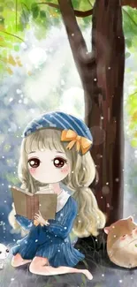 Anime girl reading under a tree with cute forest animals.