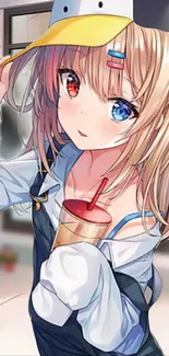 Charming anime girl with dual-colored eyes, holding a drink.