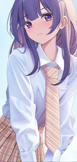 Anime girl with purple hair and pastel outfit in blue background.