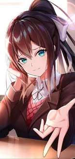 Anime girl with brown hair and teal eyes, extending hand.