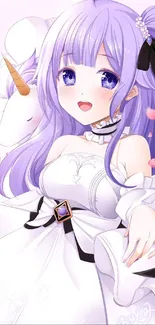 Charming anime girl with purple hair and unicorn in pastel theme.