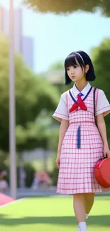 Anime girl in a checkered dress holding a red hat, with a blurred outdoor background.