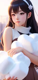 Anime girl holding marshmallows in an urban setting.
