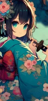 Anime girl in a teal floral kimono holding a sword.