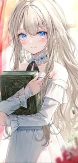 Anime girl with blue eyes holding a book by a window.