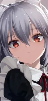 Anime girl with silver hair, red eyes, and a black and white outfit.