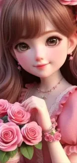 Charming anime girl with pink roses.