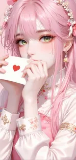 Charming anime girl with pink hair holding a heart card in a delicate design.