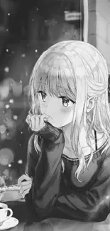 Grayscale anime girl sitting by a café window, sipping coffee.