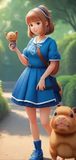 Anime girl in blue dress with cute animal in a sunny park setting.