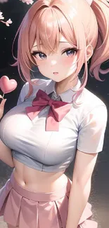 Anime girl with pink hair holding a heart-shaped lollipop.