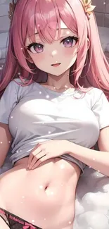 Anime girl with pink hair in a bathtub setting, ideal for a relaxing mobile wallpaper.