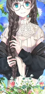 Anime girl with braids and floral background.