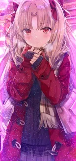 Anime girl in a red coat with long hair, standing in a bright urban setting.