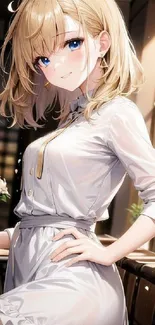 Blonde anime girl in white dress with flowers.