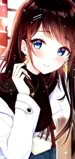 Cute anime girl with brown hair smiling.