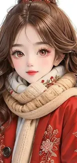 Anime girl with wavy hair and red coat, wrapped in a cozy scarf.