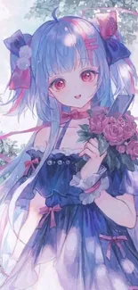 Anime girl holding flowers in a pastel garden background.